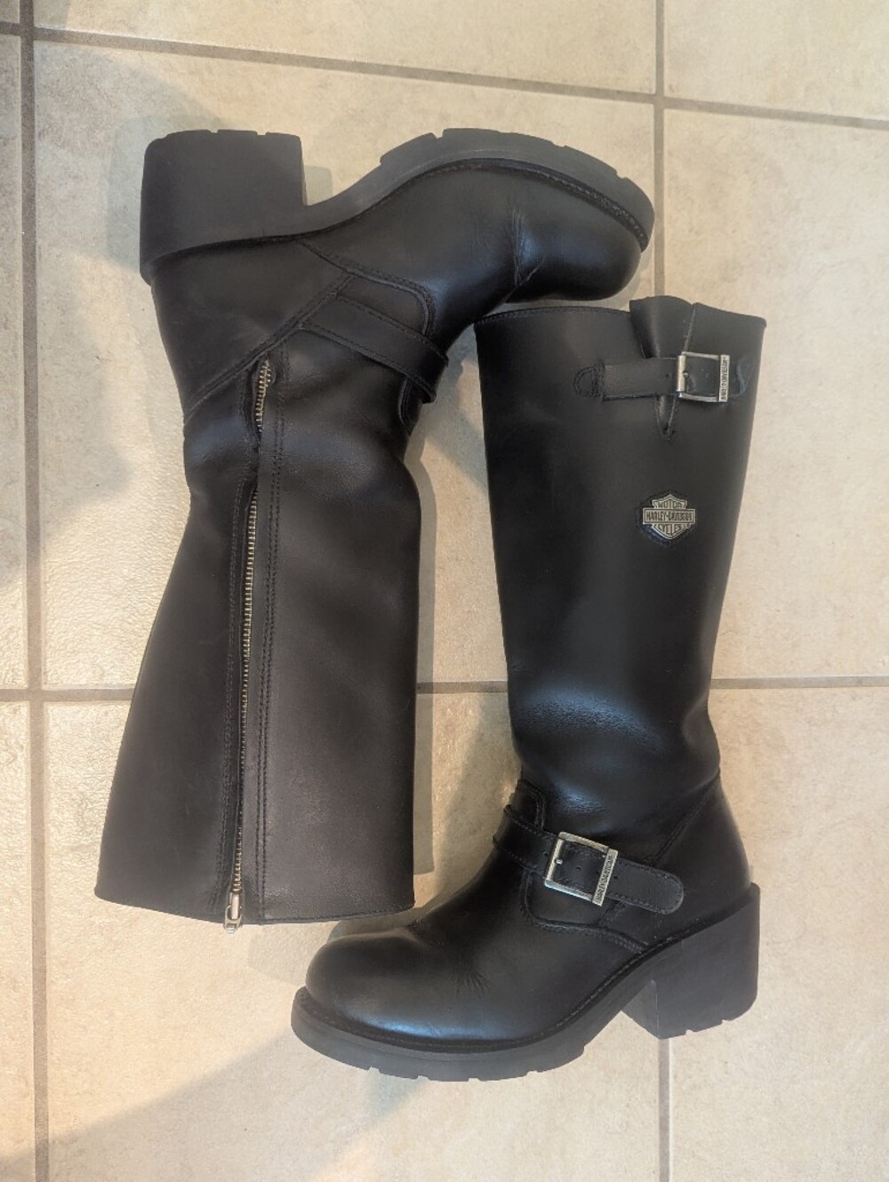 Harley Davidson Black Genuine Leather Tall Moto Boots Size 8.5 Zipper Buckles
